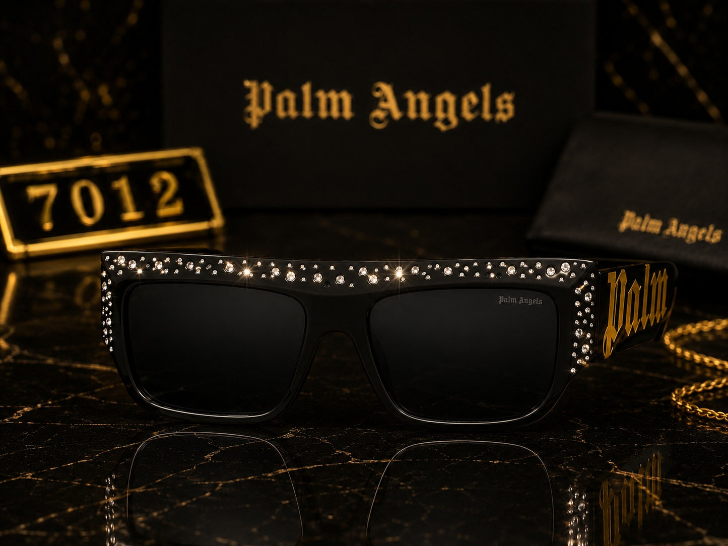 Palm Angels Luxury Crystal Oversized Square Sunglasses – White & Gold | Premium UV400 Eyewear