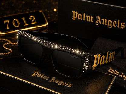 Palm Angels Luxury Crystal Oversized Square Sunglasses – White & Gold | Premium UV400 Eyewear