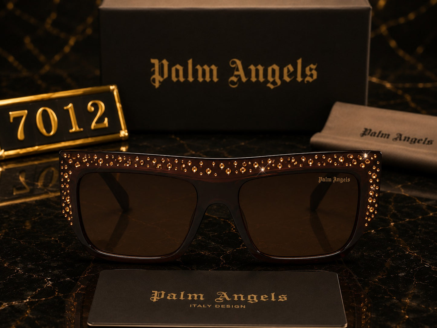 Palm Angels Luxury Crystal Oversized Square Sunglasses – White & Gold | Premium UV400 Eyewear