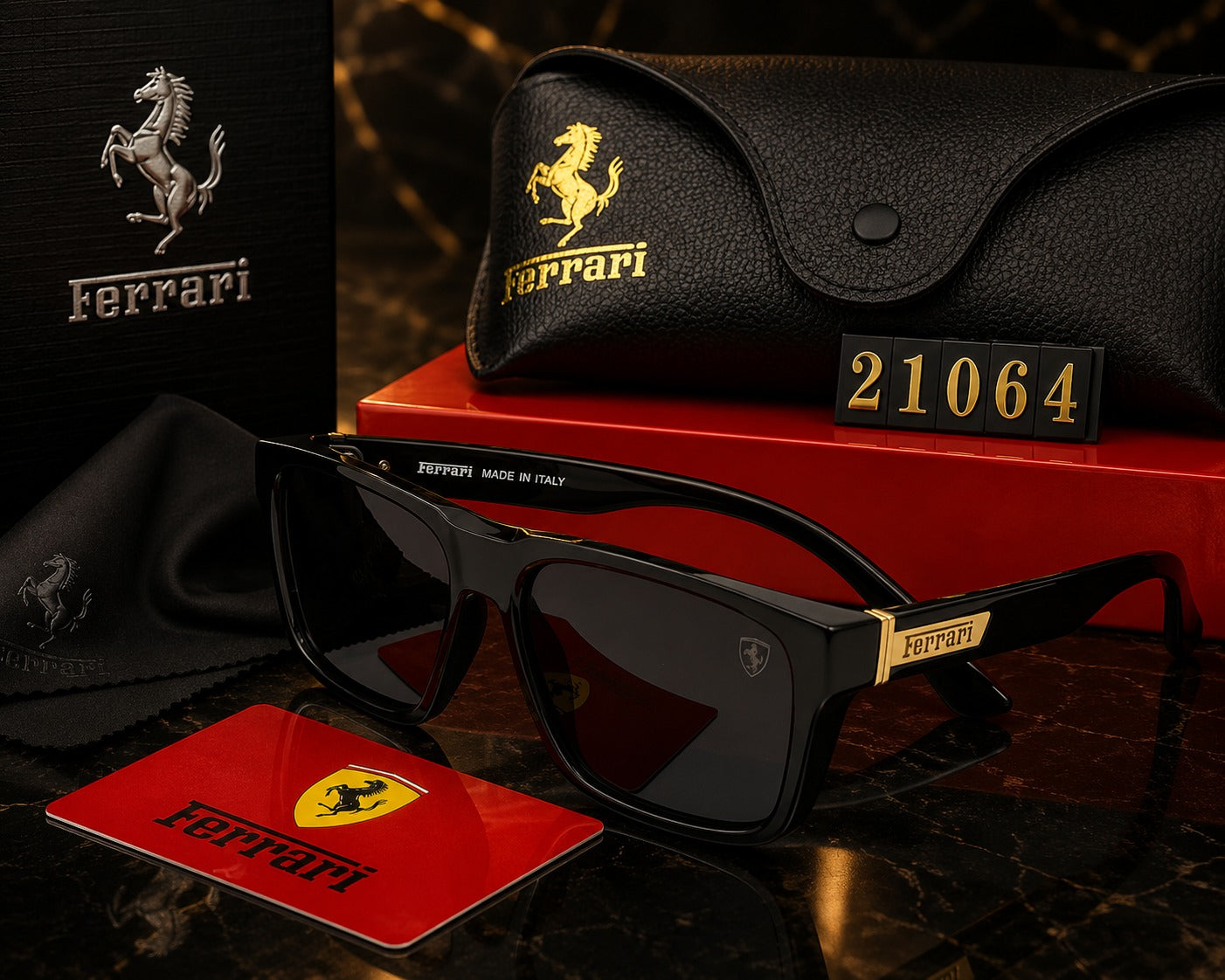Ferrari Luxury Black & Gold Oversized Sunglasses | Premium UV400 Eyewear
