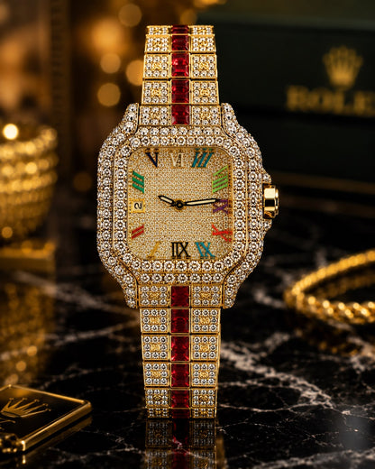 Luxury Gold Crystal Watch with Ruby Red Stone Bracelet | Premium Stainless Steel Wrist Watch