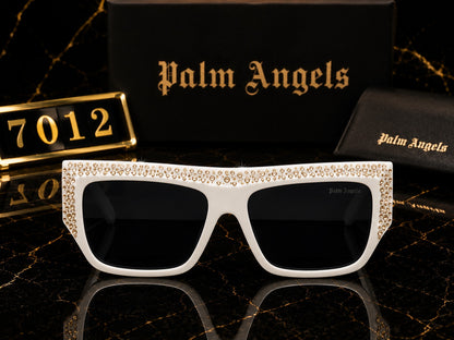 Palm Angels Luxury Crystal Oversized Square Sunglasses – White & Gold | Premium UV400 Eyewear