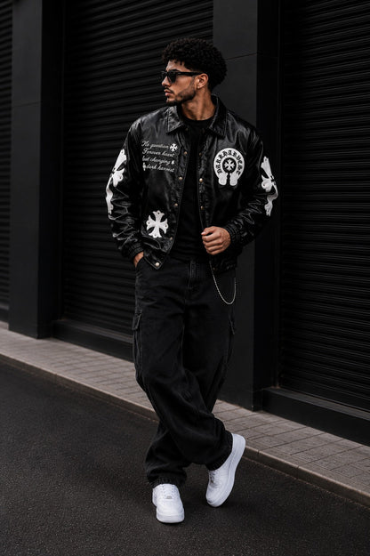 (CJ-19) Men's  Gothic Cross Patched Leather Streetwear Jacket