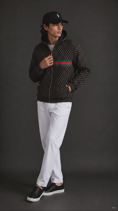 (CJ-6) Premium Men's Monogram Hooded Zip-Up Jacket – Black & Gold with Signature Stripe