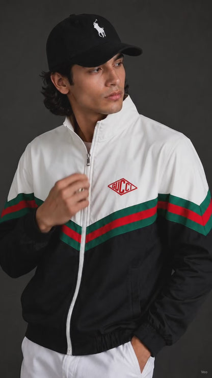 (CJ-7) Premium Men's Color Block Zip-Up Jacket – White & Black with Signature Green-Red Stripe
