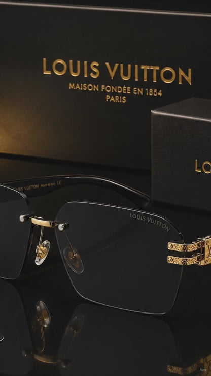 (GS-23) Louis Vuitton Premium Rimless Sunglasses | Black & Gold Luxury Edition | UV400 Protection