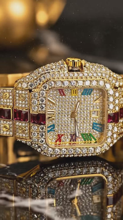 Luxury Gold Crystal Watch with Ruby Red Stone Bracelet | Premium Stainless Steel Wrist Watch