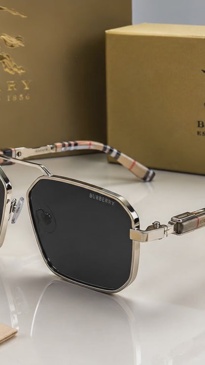(GS-29) Burberry Premium Square Metal Frame Sunglasses – Silver Frame | Black UV400 Lenses | Luxury Designer Eyewear