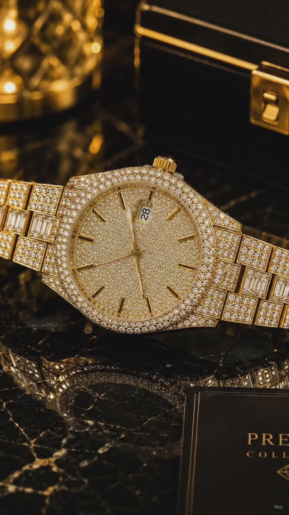 (WH-16) Luxury Iced-Out Gold Crystal Watch for Men – Diamond Dial Quartz Wristwatch