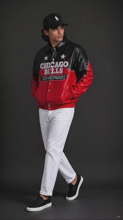(CJ-8) Chicago Bulls Premium Black & Red Varsity Leather Jacket – Men's Streetwear Edition