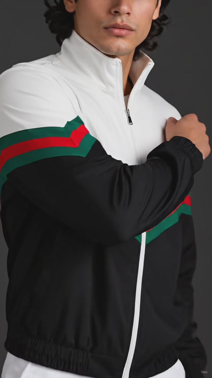 (CJ-7) Premium Men's Color Block Zip-Up Jacket –  with Signature Green-Red Stripe