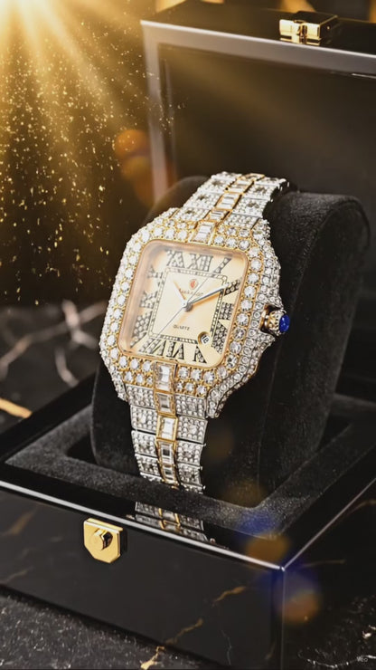 (WH-15) Luxury Iced-Out Square Quartz Watch for Men – Gold Dial Diamond Crystal Two-Tone Bracelet