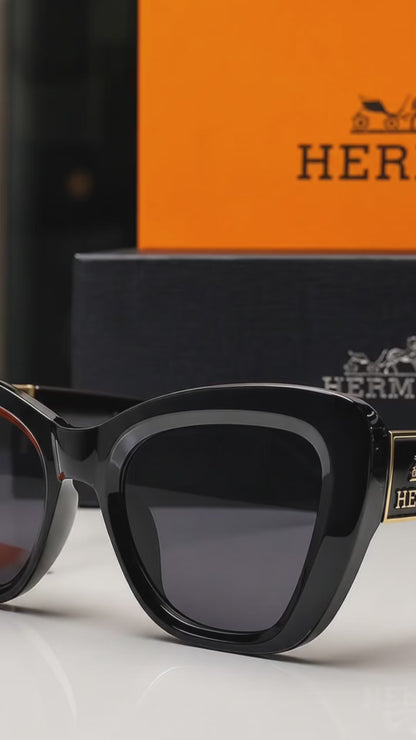 (GS-49) Hermès Luxury Oversized Black Cat-Eye Sunglasses  | Premium UV Protection Eyewear