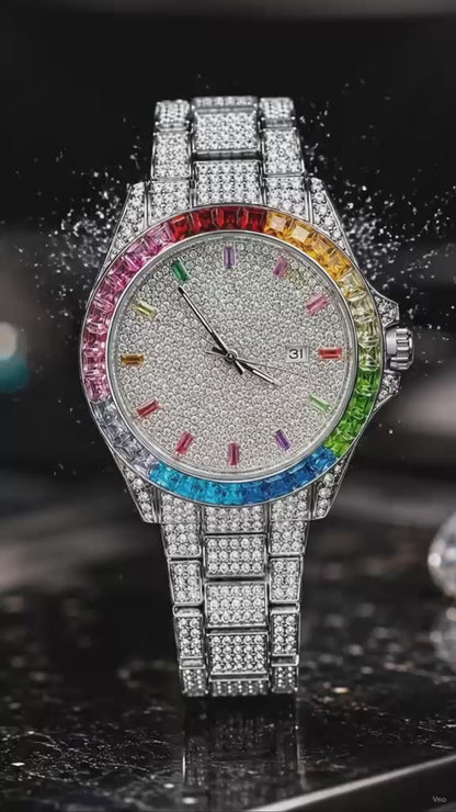 Luxury Silver Rainbow Crystal Watch | Full Iced-Out Stainless Steel Watch