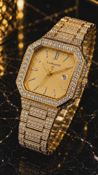 (WH-13) Lookworld Premium Gold Diamond Luxury Watch | Iced-Out Octagonal Dial | Stainless Steel Bracelet | Men's Fashion Watch