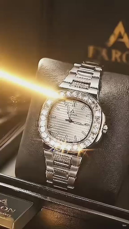 FARON FR-8801 Luxury Silver Stainless Steel Watch | Crystal Bezel | Premium Men's Wrist Watch