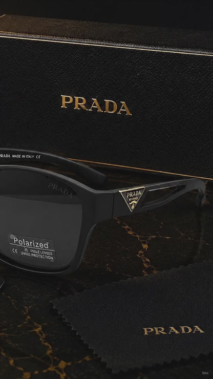 (GS-24) Prada Premium Black Polarized Square Sunglasses with Luxury Gift Box & Accessories