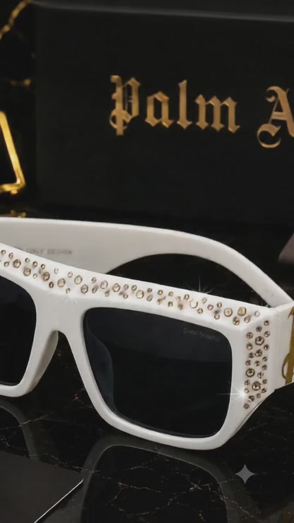 Palm Angels Luxury Crystal Oversized Square Sunglasses – White & Gold | Premium UV400 Eyewear